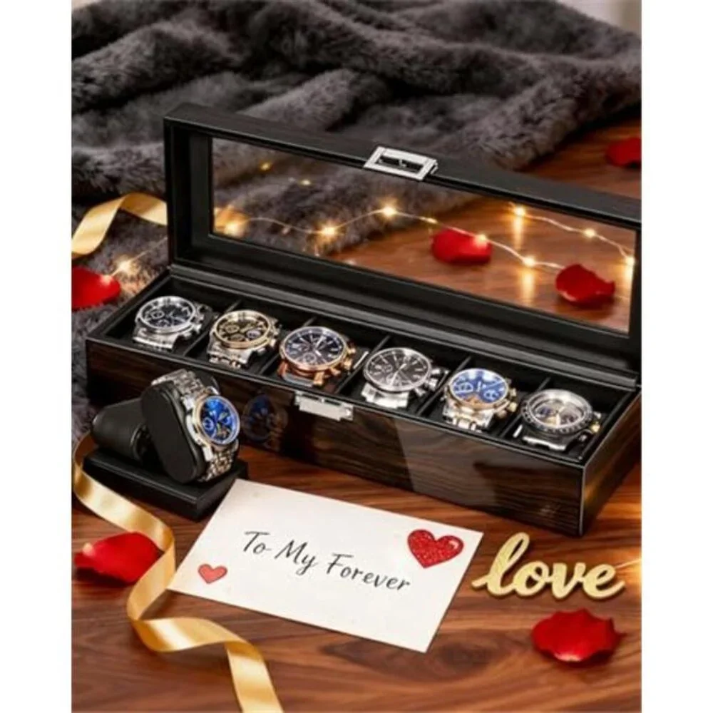 Watch Box for Men, 6 Slot Watch Case with Glass Lid, Watch Display